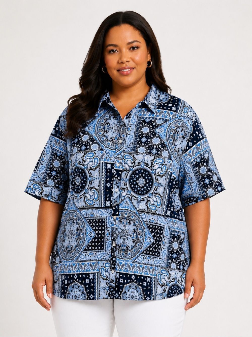 Tommy Hilfiger Camp Shirt Paisley Patchwork Cotton Button Front Blue 3X NEW